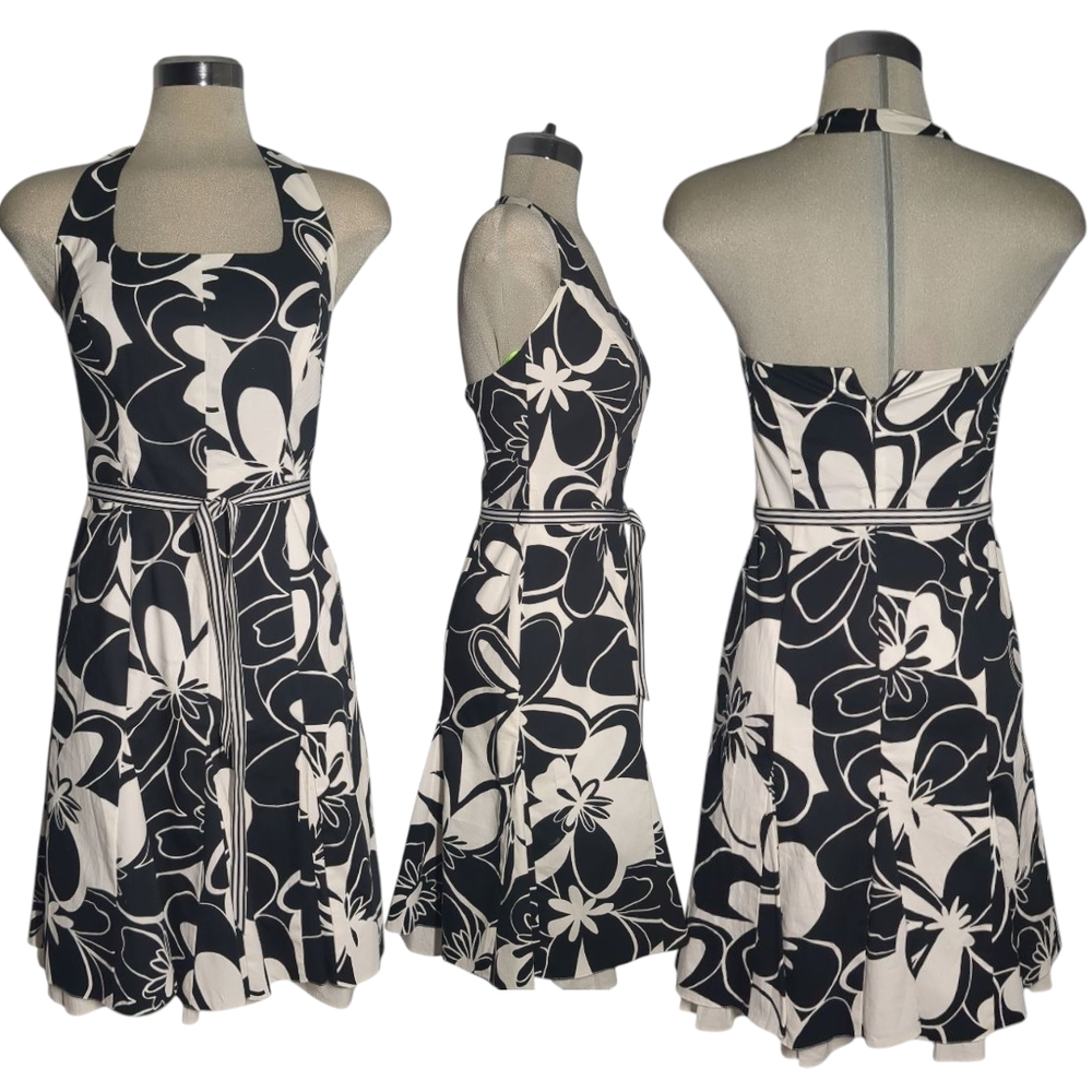 Elegant Backless Floral Dress - Black and White Size 2